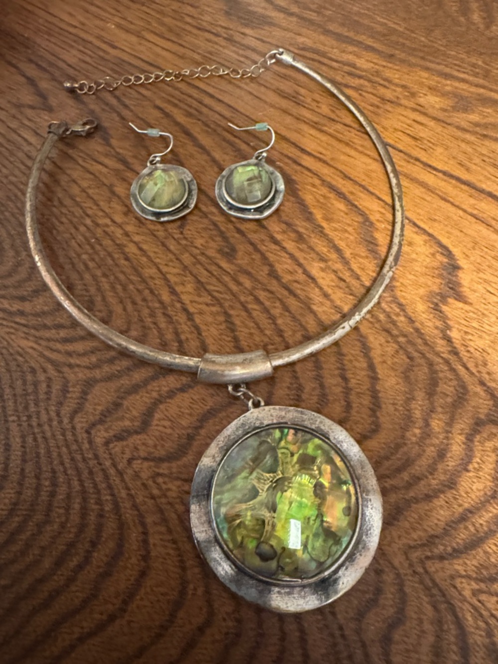 Bronze Gold and Green abalone Statement Pendant Necklace and Earring Set